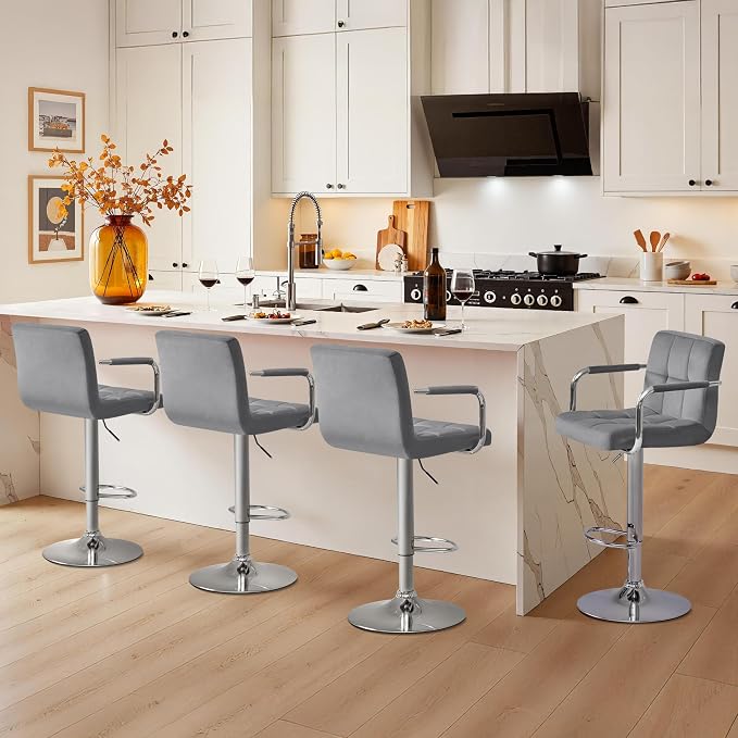 Yaheetech Velvet Bar Stools Set of 4, Adjustable Barstools - Image 2