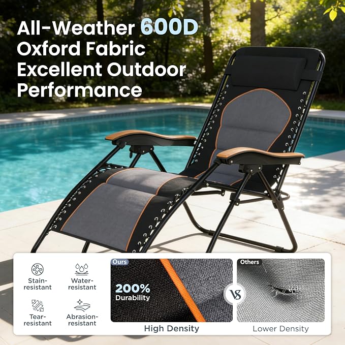 PHI VILLA XXL Oversized Padded Zero Gravity Chair, Foldable Patio Recliner - Image 4
