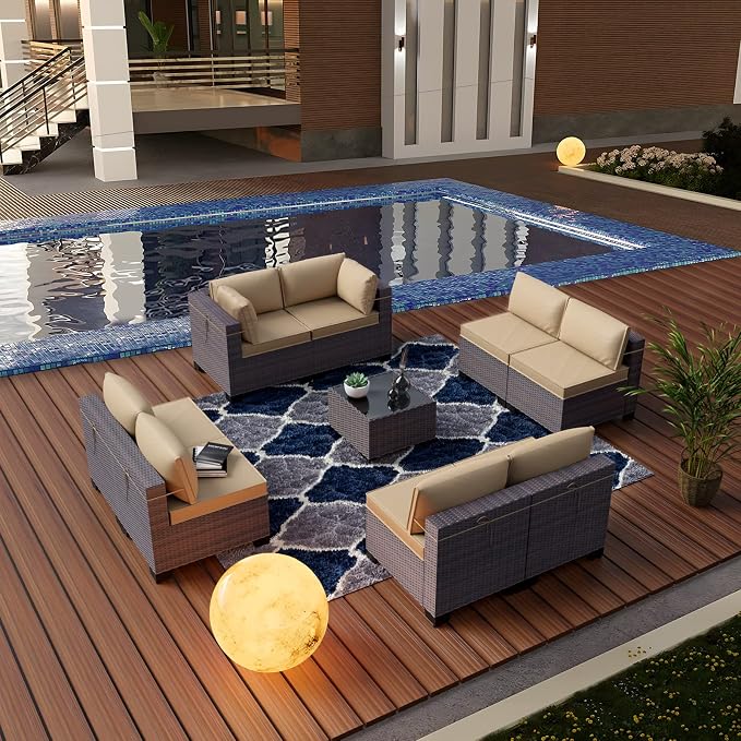 Kullavik 9 Pieces Outdoor Patio Furniture Set, Outdoor Sectional Rattan Sofa - Image 6