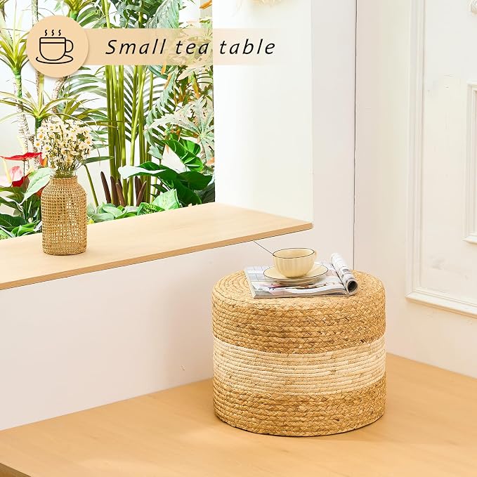 Handwoven Water Hyacinth Ottoman Pouf, Round Outdoor Footstool - Image 4