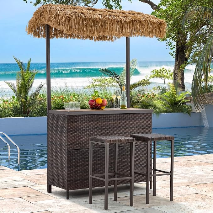 HOMREST Outdoor Tiki Bar Set, 3 Pieces Wicker Patio Bar Set w/2 Height Stools - Image 7