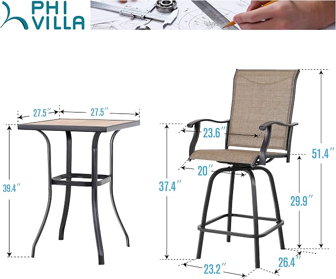 PHI VILLA 3 PCS Patio Swivel Bar Set Outdoor Furniture Bar Height Bistro Set - Image 7