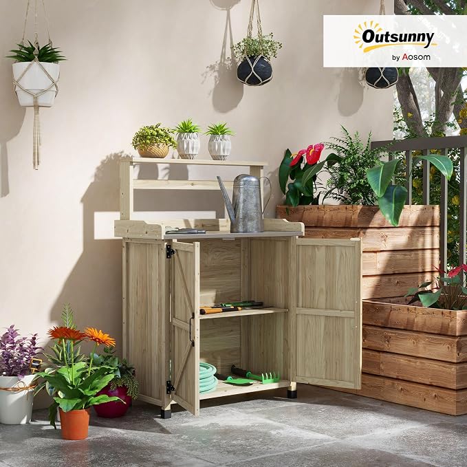 Outsunny Potting Bench, Outdoor Wooden Potting Table - Image 2