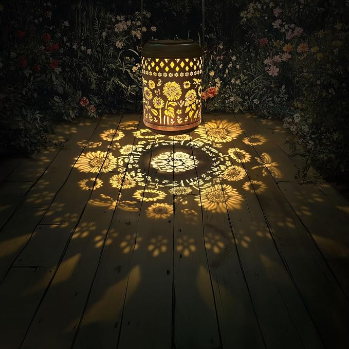 Kaixoxin 2 Pack Solar Garden Decor Metal Lantern Sunflower Table Lamp Bronze - Image 5