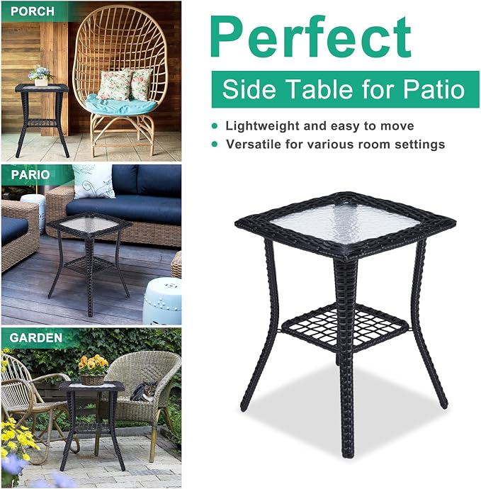 Outdoor Side Table with Storage Wicker Patio Side Table, Tempered Glass Top End - Image 5