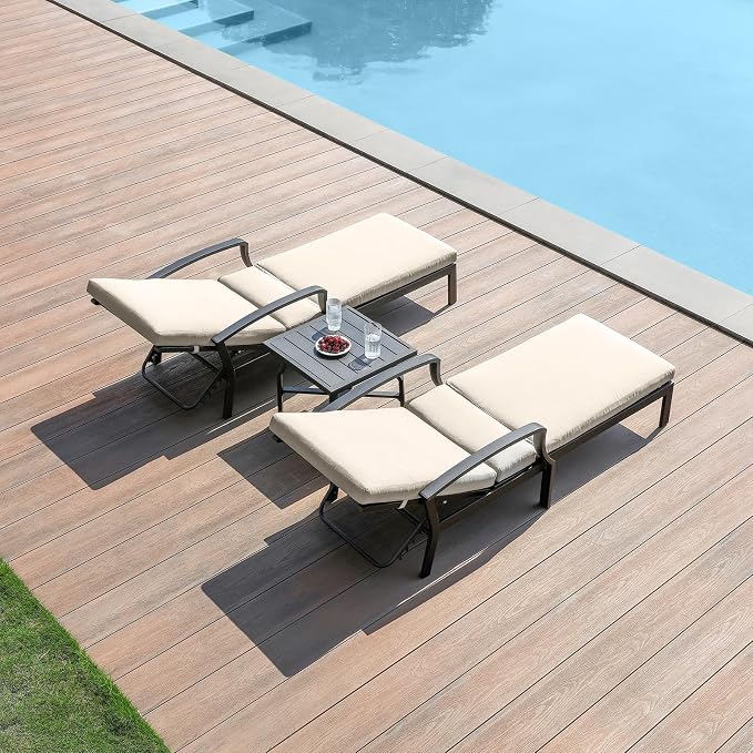 3 Pieces Outdoor Chaise Lounge Set, Aluminum Pool Lounge Chairs by SeeHill