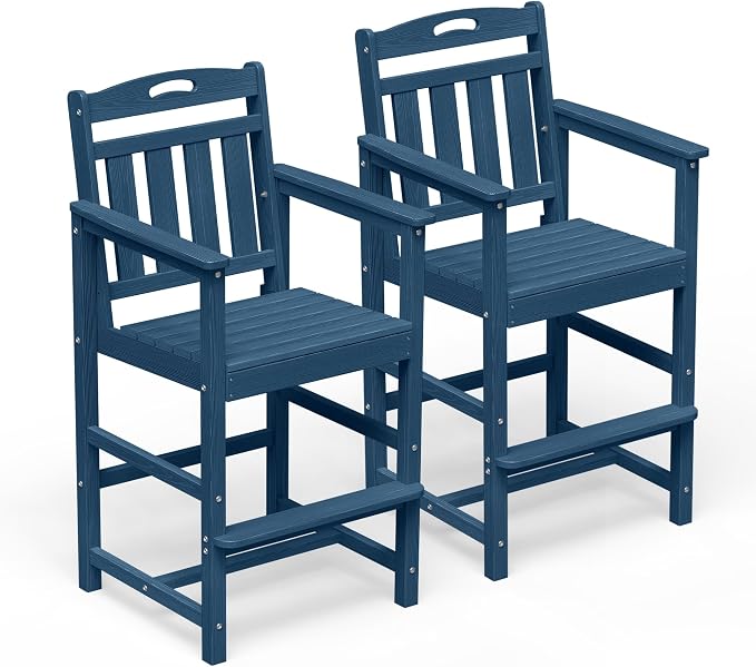 Outdoor Patio Tall Adirondack Bar Chairs Set of 2, All-Weather HDPE Bar Height by Suunyn