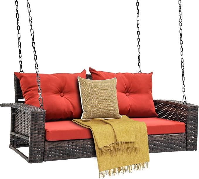 DWVO Hanging Porch Swing Chair Outdoor Wicker Rattan Patio Swing Lounge 2 Seats - Image 2