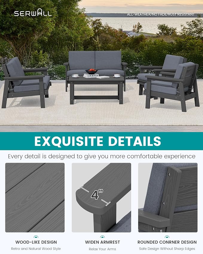 SERWALL HDPE Patio Furniture Set, 5 Piece All Weather Wood-Like Sectional - Image 4
