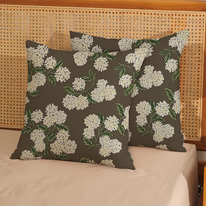 Brown Spring Pillow Covers 16x16 Inch 2 Pcs Green Yellow Hydrangea Flower Decor - Image 2