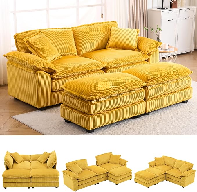 84.6” Corduroy Loveseat with Ottoman, Oversized Double Chaise Lounge Chair by ZXDesign