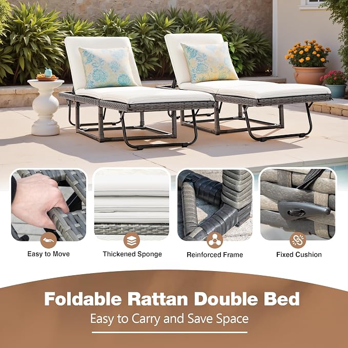 Devoko Lounge Chair Foldable Rattan Chaise Lounge 2-Pack, 5-Angle Adjustable - Image 4