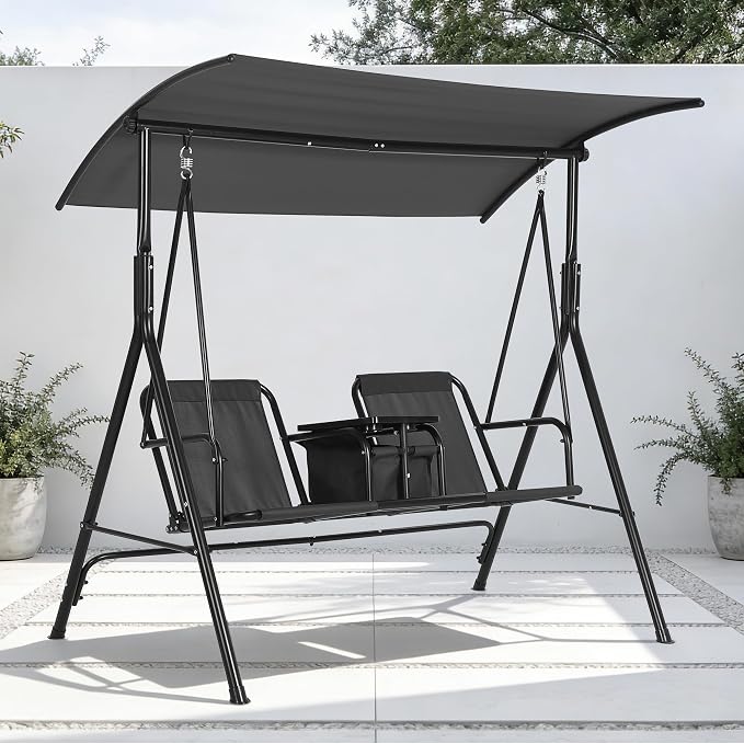 2-Person Porch Swing with Cup Holders, Pivot Storage Table & Cooler Bag by Unknown