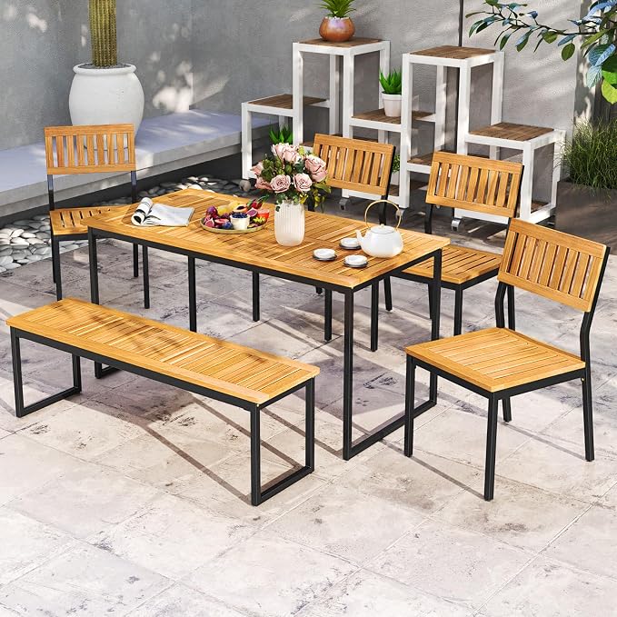 Tangkula 6 Pieces Outdoor Acacia Wood Dining Set, Patio Table and Chairs Set - Image 4