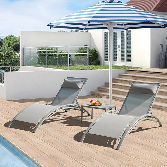 Domi Pool Lounge Chairs Set of 3, Adjustable Aluminum Outdoor Chaise Lounge - Image 9