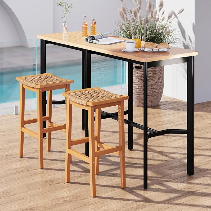 Giantex Outdoor Wooden Bar Stools Set of 4, Solid Acacia Wood Bar Height Stools - Image 9