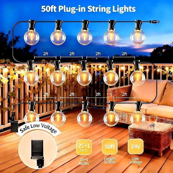 Outdoor String Lights with Remote, 50ft 25 Bulbs Low Voltage Patio Lights - Image 5