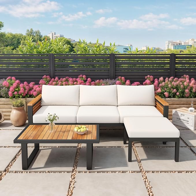 Patio Furniture Set, Outdoor 3-Piece Acacia Wood and Metal Patio Sofa Set by JIVOIT