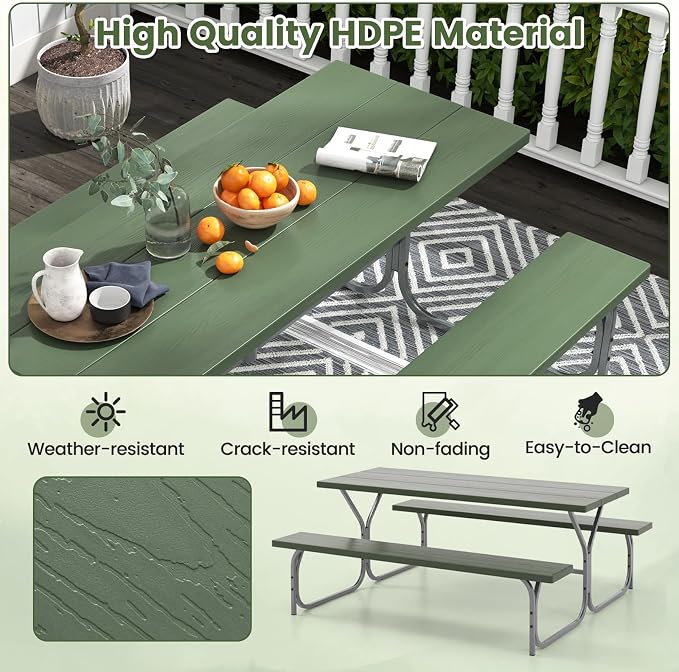 Giantex Picnic Table 6FT for 8 Person, Outdoor Table Set w/ 2 Benches, - Image 6