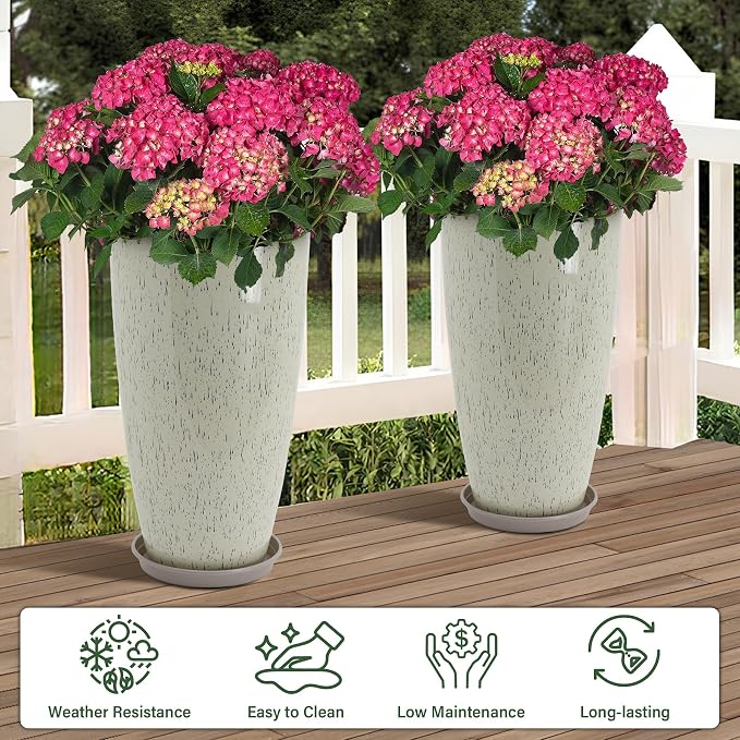 Set of 2 Lightweight Ceramic-Look Tall Planter, 21 inch Large Plastic Planter - Image 2