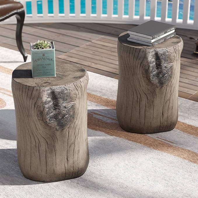SUNBURY Outdoor Side Table Set of 2, Tree Stump Side Table Grey Colored Faux - Image 7