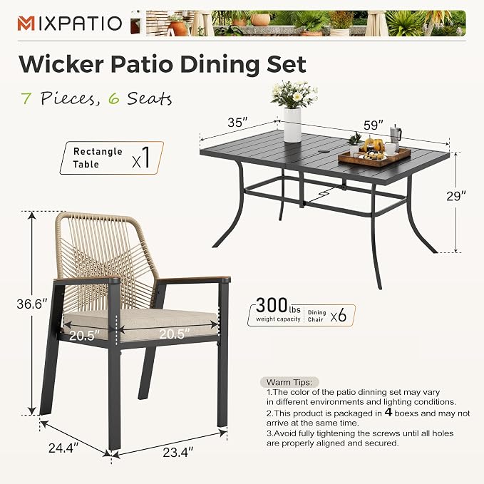 7 Pieces Outdoor Dining Set for 6, Patio Dining Set Wicker Rattan Chairs - Image 6