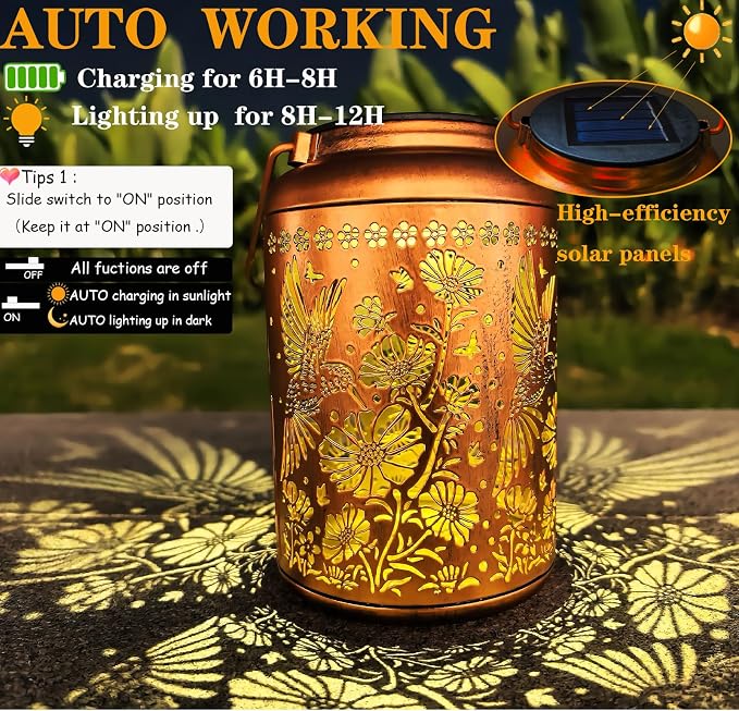 Solar Lanterns Outdoor Waterproof, Hummingbird & Gesang Flower Lights, Metal - Image 2