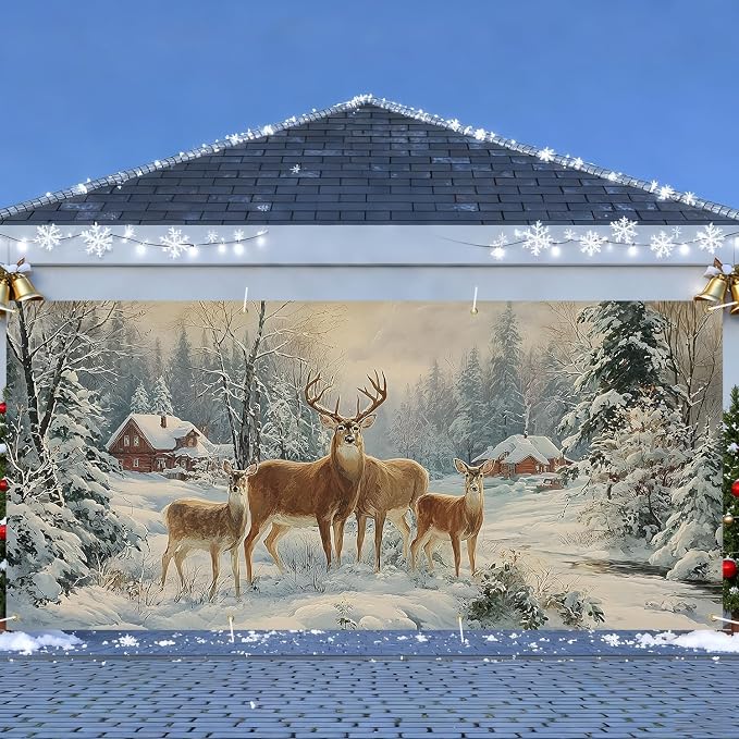Winter Garage Door Banner 6x13FT, Winter Deer in Snowy Forest by ANNAQUEEN