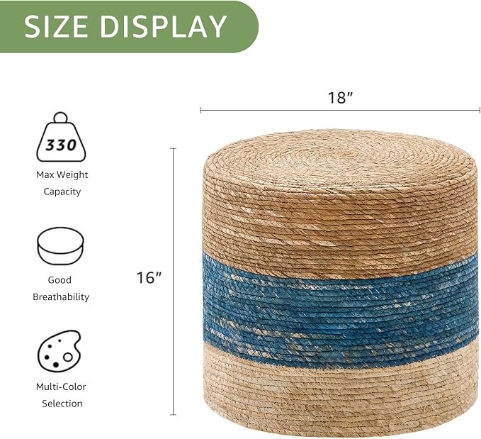 Wimarsbon 18'' Ottoman Pouf, Natural Braided Poof, Rustic Handweave Lounge - Image 3