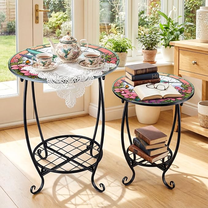2 Pcs Outdoor Side Table Small Patio Round Mosaic Accent Indoor End Table Plant - Image 2