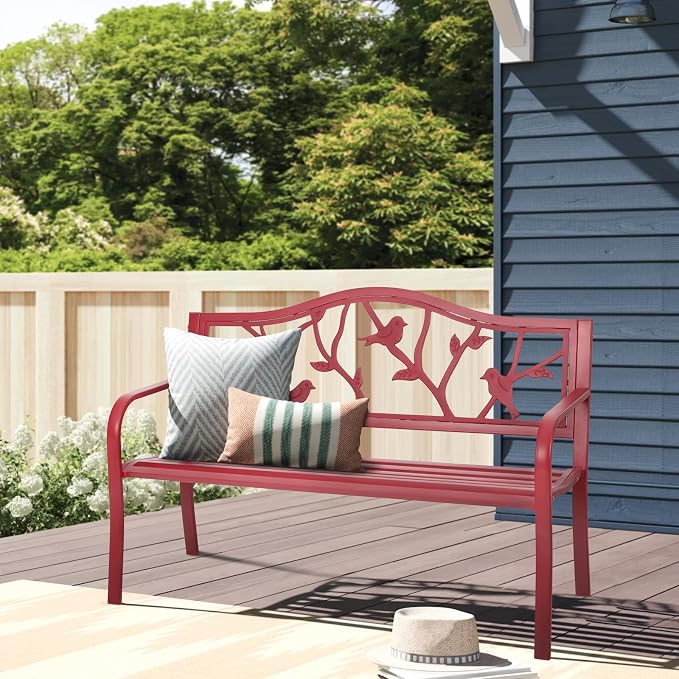 Sophia & William Outdoor Patio Metal Park Bench Red, Steel Frame Bench - Image 2