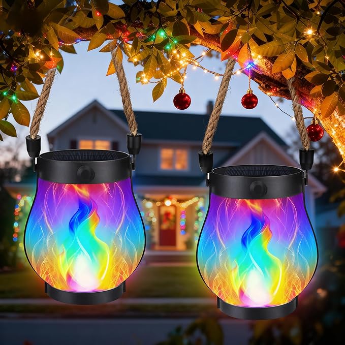 iBaycon 2 Pack Solar Lanterns Lights, Christmas Flickering Flame Garden Lights by iBaycon