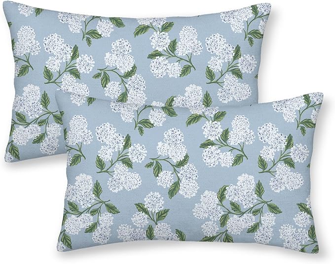 Light Blue Pillow Covers 12x20 Inch 2 Pcs Blue Green Hydrangea Flower Decor by DAFENA