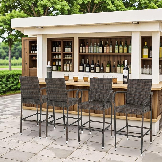 ZENY Set of 4 Wicker Barstool All Weather Dining Chairs Outdoor Patio Furniture - Image 5
