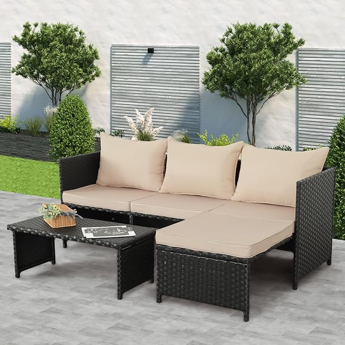 Valita 3-Piece Outdoor PE Rattan Furniture Set Patio Black Wicker Conversation - Image 3