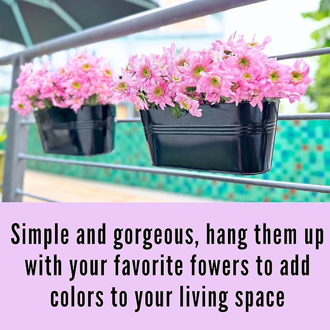 LaLaGreen Outdoor Rail Planter Black Metal Iron Hanging Flower Pots Deck - Image 8