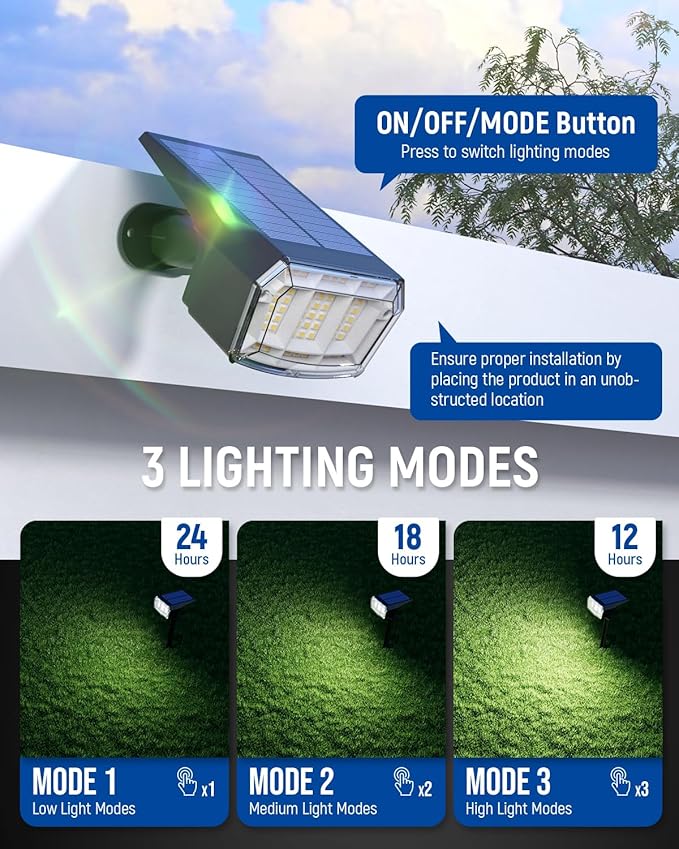 Solar Spot Lights Outdoor 63 LED 3 Lighting, Waterproof IP65 Modes Spotlights - Image 2