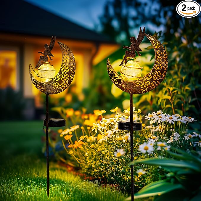 Fairy Garden Solar Lights Outdoor Moon Stakes, Waterproof Outdoor Metal Decor by Suncket