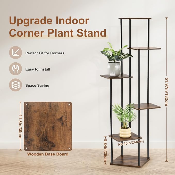 6 Tier Plant Stand Indoor Outdoor, Wood Metal Corner Shelf, Planter Shelf - Image 3