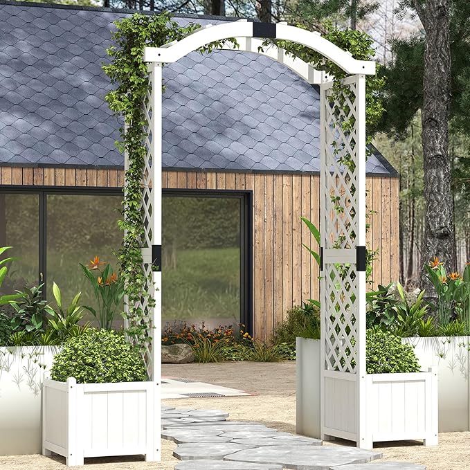 Giantex Garden Arbor with Planter Boxes, Wooden Arch with Trellis and Raised - Image 2