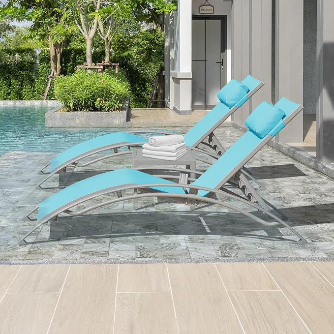 Domi Pool Lounge Chairs Set of 3, Adjustable Aluminum Outdoor Chaise Lounge - Image 9