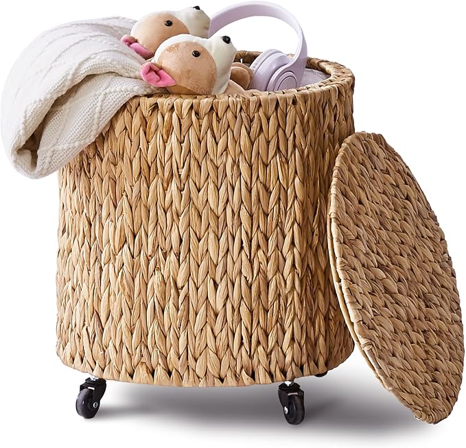 Wimarsbon Round Pouf Ottomans, Handwoven Natural Water Hyacinth Seagrass Pouffe by Wimarsbon
