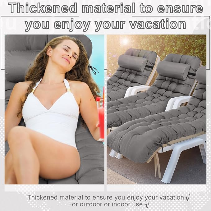 Tudomro 2 Pcs Dark Gray 66'' Outdoor Chaise Lounge Cushion Waterproof Patio - Image 6