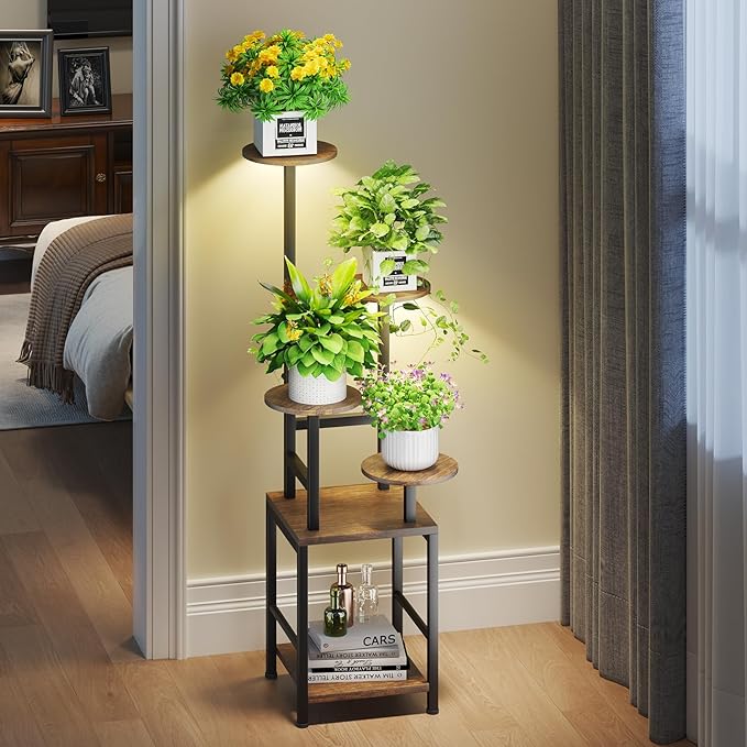 Round Plant Stand Indoor with Grow Light, 5-Tiered Tall Plant Stand Indoor by Homsorout