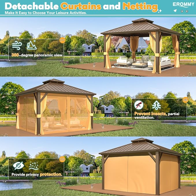 EROMMY 12' x 12' Hardtop Gazebo, Aluminum Frame Gazebos - Image 7