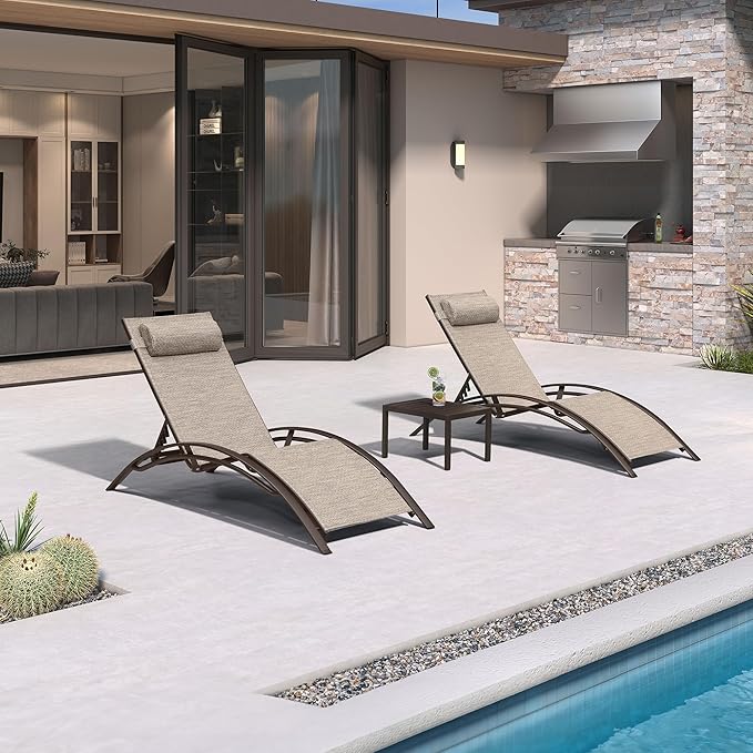 PURPLE LEAF Outdoor Chaise Lounge Chair Set of 3 Patio Pool Lounger Bronze by PURPLELEAF