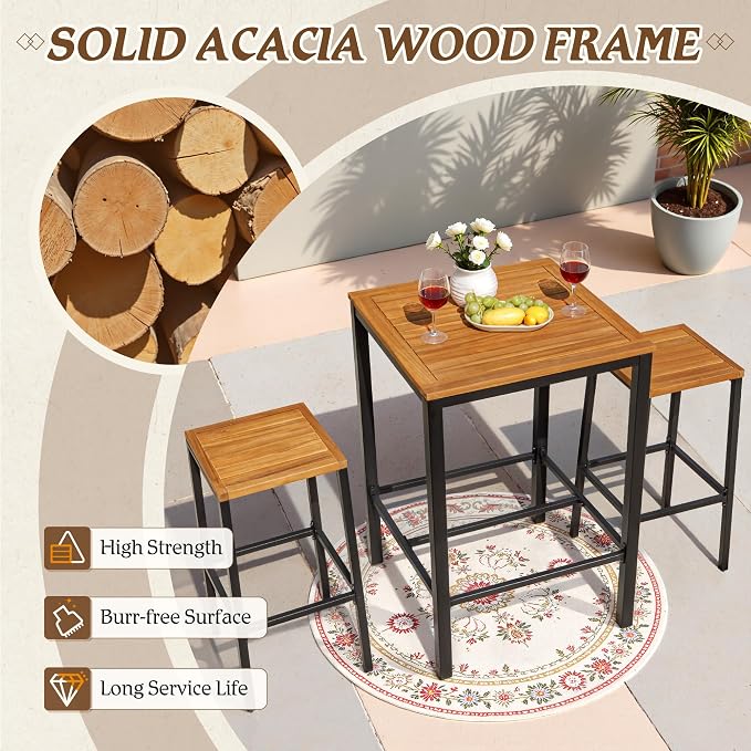Devoko Acacia Wood Outdoor Patio Bar Set - Image 3