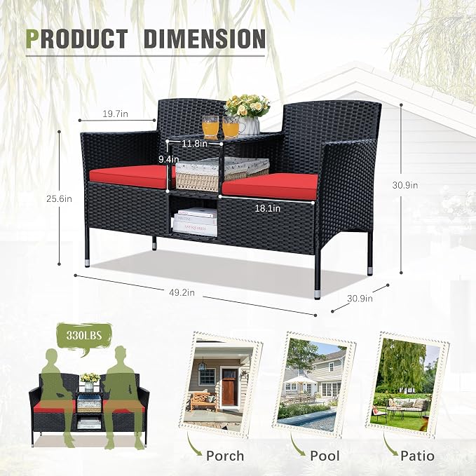 Greesum Patio Loveseat Outdoor Wicker Furniture Conversation Set - Image 7