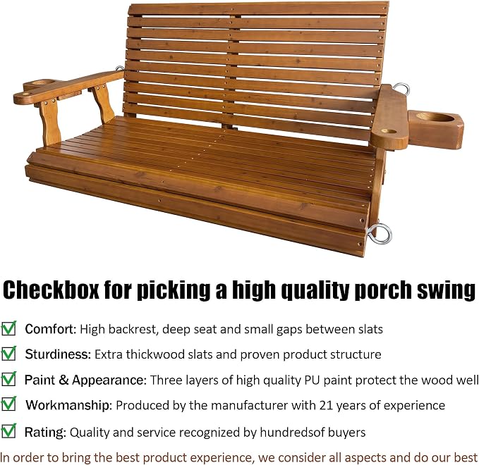 Wooden Porch Swing 2-Seater, High Backrest and Deep Seat, Bench Swing - Image 3