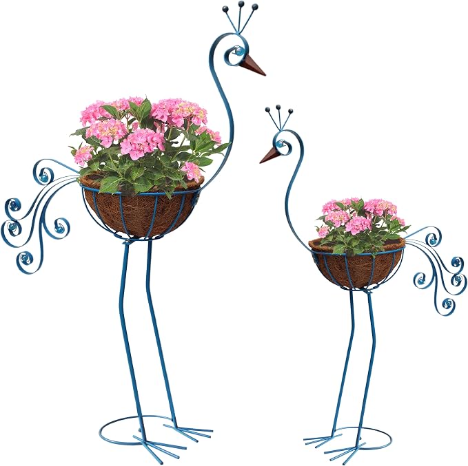 Metal Peacock Planter with Fiber Basket -Garden Bird Planters by COOZZYHOUR